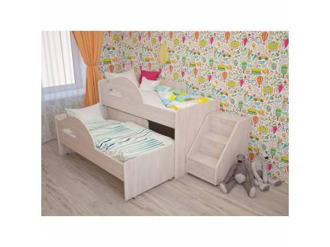 Кровать 2-х ярусная выкатная с ящиком и лестницей Радуга дуб млечный