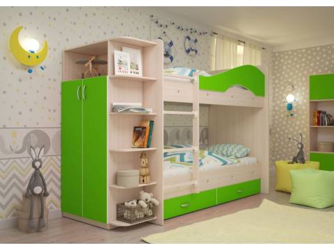 Двухъярусная кровать со шкафом Мая щиты лайм