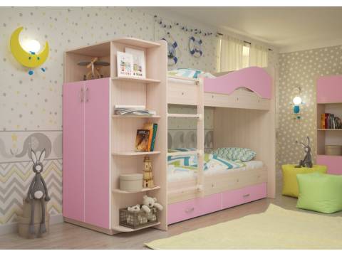 Двухъярусная кровать со шкафом Мая щиты розовый