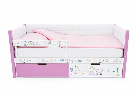 Кровать-тахта Svogen мягкая с ящиками и бортиком с фото лаванда/лисята