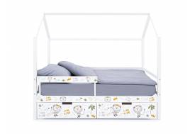 Кровать-домик Svogen с фото с ящиками и бортиком белый/львята
