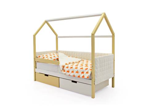 Кровать-домик мягкий Svogen с ящиками и бортиком бежево-белый