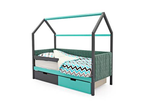 Кровать-домик мягкий Svogen с ящиками и бортиком графит-мятный