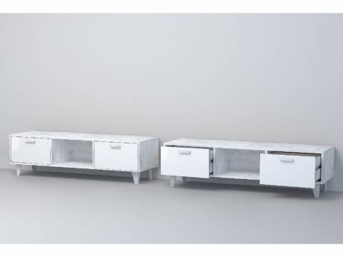 ТВ тумба Эго Т-3 бетон светлый/белый глянец на ножках