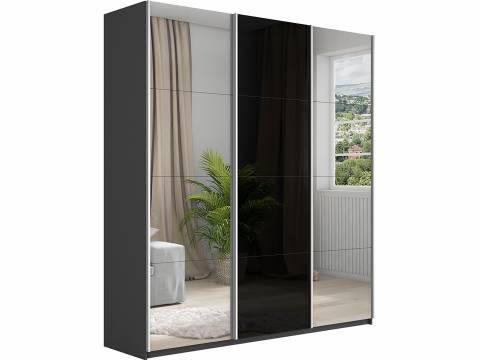 Шкаф-купе Прайм 3-х дверный 1800 Зеркало/Стекло Черное/Зеркало Серый Диамант