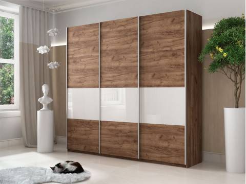 Шкаф-купе Прайм Широкий 3-х дверный ДСП/вставки Стекло Белое Крафт табачный