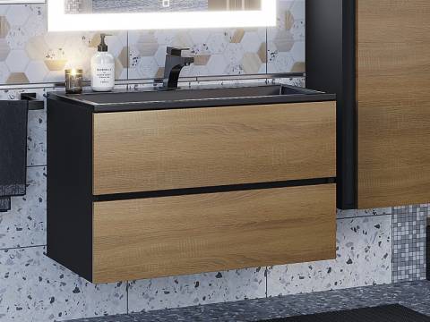 Тумба с раковиной Uperwood Barsa 80 см раковина черный глянец-тумба черная/дуб сонома