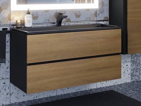 Тумба с раковиной Uperwood Barsa 100 см раковина черный глянец-тумба черная/дуб сонома