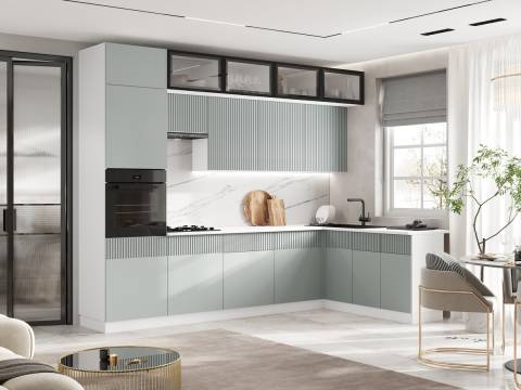 Кухня Оливия NEW 3,0х1,8/1080м (490) Компоновка №1 Шарли Бриз,Белый