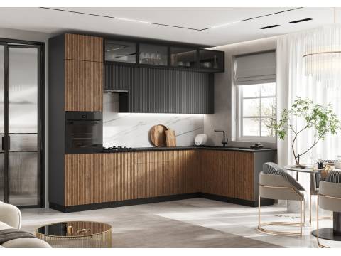 Кухня Оливия NEW 3,0х1,8/1080м (490) Компоновка №4 Экзотическое дерево Амазония/Графит софт NEW/Графит